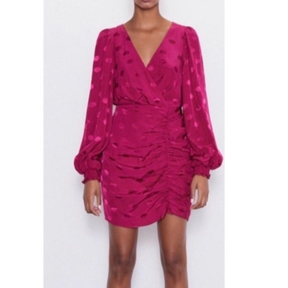 Zara Polka DotโSatin Pink Plunge Ruched Puff Sleeve Party Mini Dress Size Large